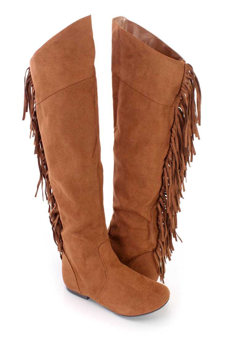 Dark Rust Fringe Knee High Flat Boots Faux Suede