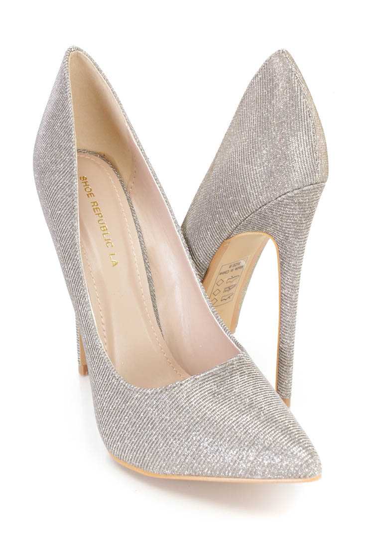 Silver Pointy Toe Pump Heels Shimmer Fabric