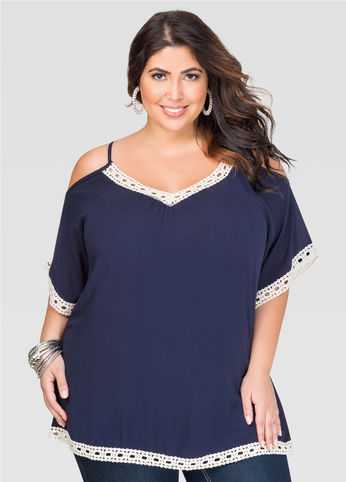 Crochet Trim Cold Shoulder Top