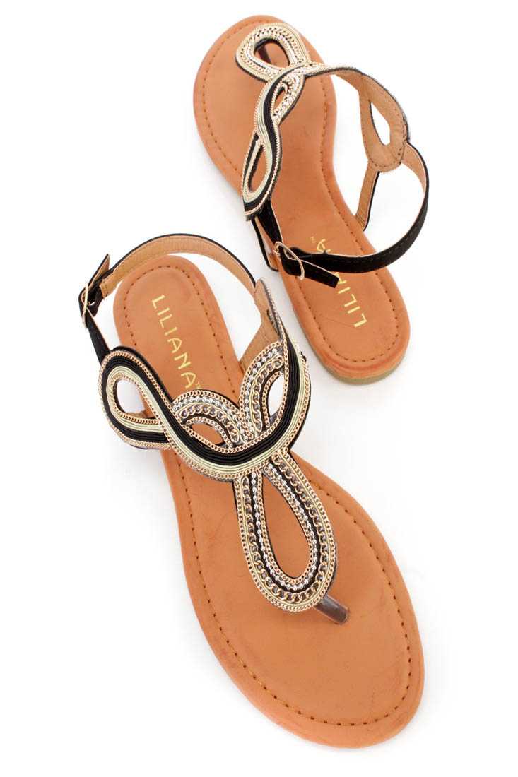 Black Chain Detailed Thong Sandals Faux Leather