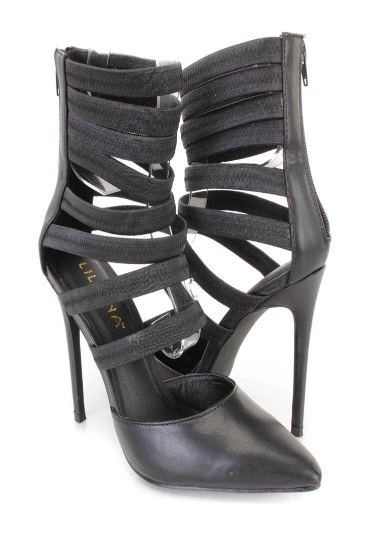 Black Strappy Design Single Sole Heels Faux Leather