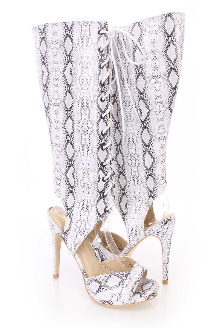 Black White Cut Out Peep Toe Lace Up Boots Faux Leather