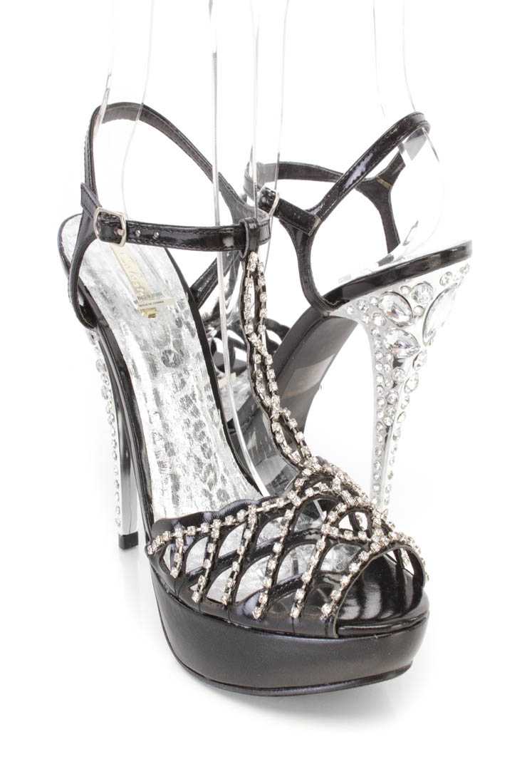 Black Rhinestone T Strap Platform High Heels Faux Leather