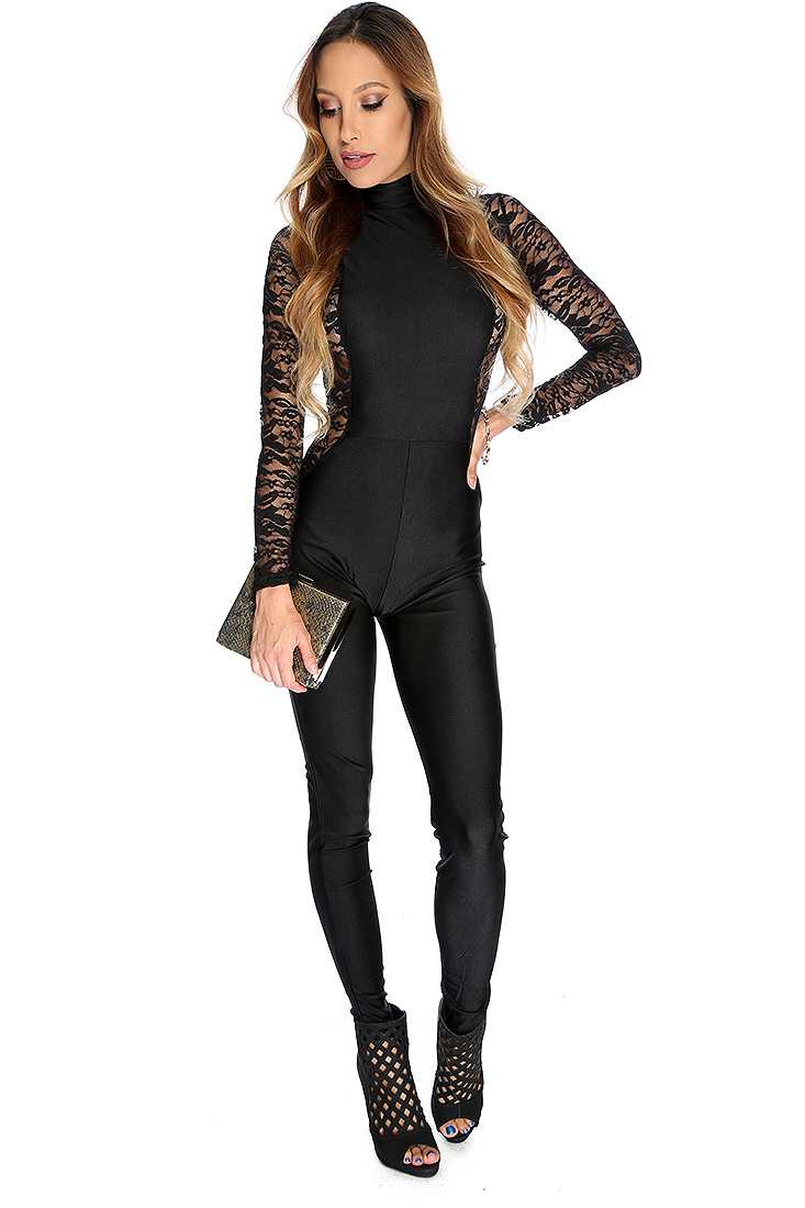 Sexy Black Floral Lace Cutouts Jumpsuit Outfit