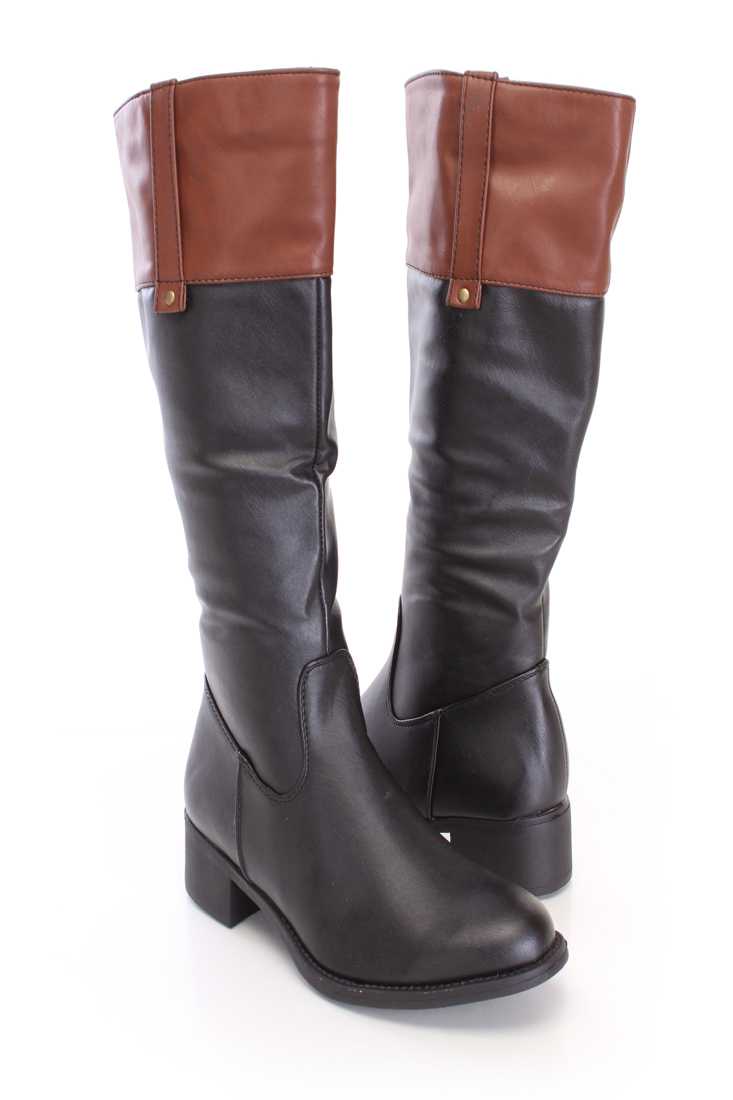 Black Cognac Mid Calf Riding Boots Faux Leather
