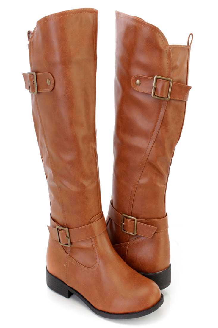 Cognac Strappy Knee High Riding Boots Faux Leather