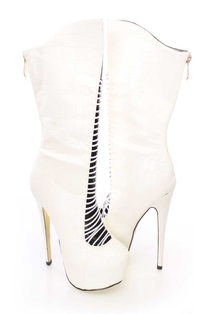 White Strappy Platform High Heel Boots Faux Leather