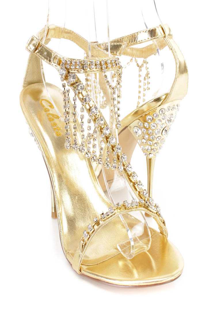 Gold Rhinestone Dangle Strappy High Heels Faux Leather