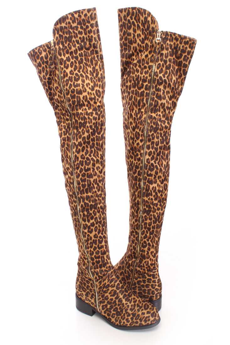 Leopard Thigh High Zipper Boots Faux Suede