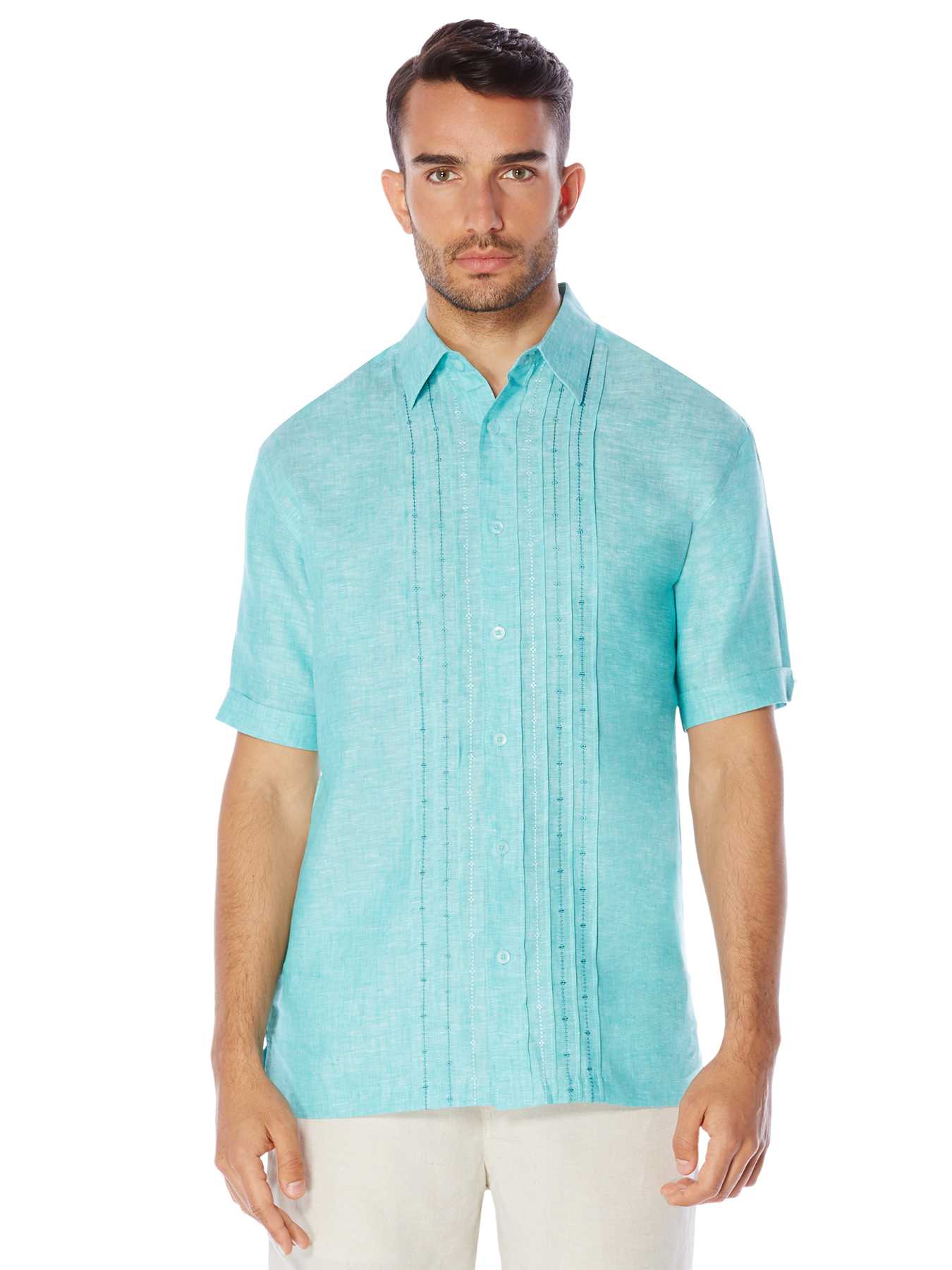 Cubavera 100% Linen Short Sleeve Ombre Geo Embroidered Shirt