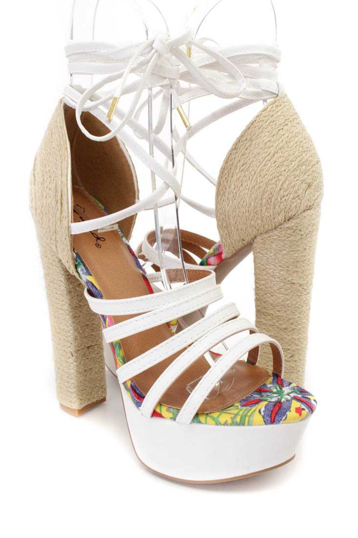 White Strappy Espadrille Chunky High Heels Faux Leather