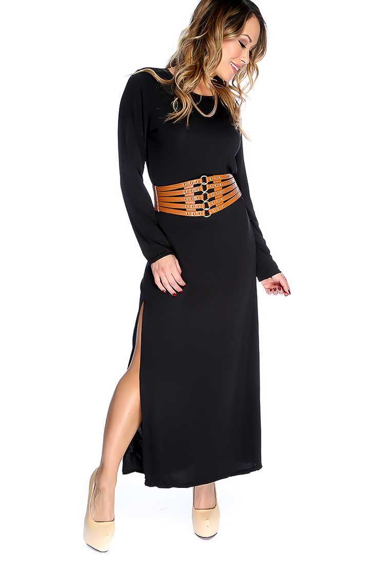 Sexy Black Long Sleeves Round Neckline Side Slit Casual Dress