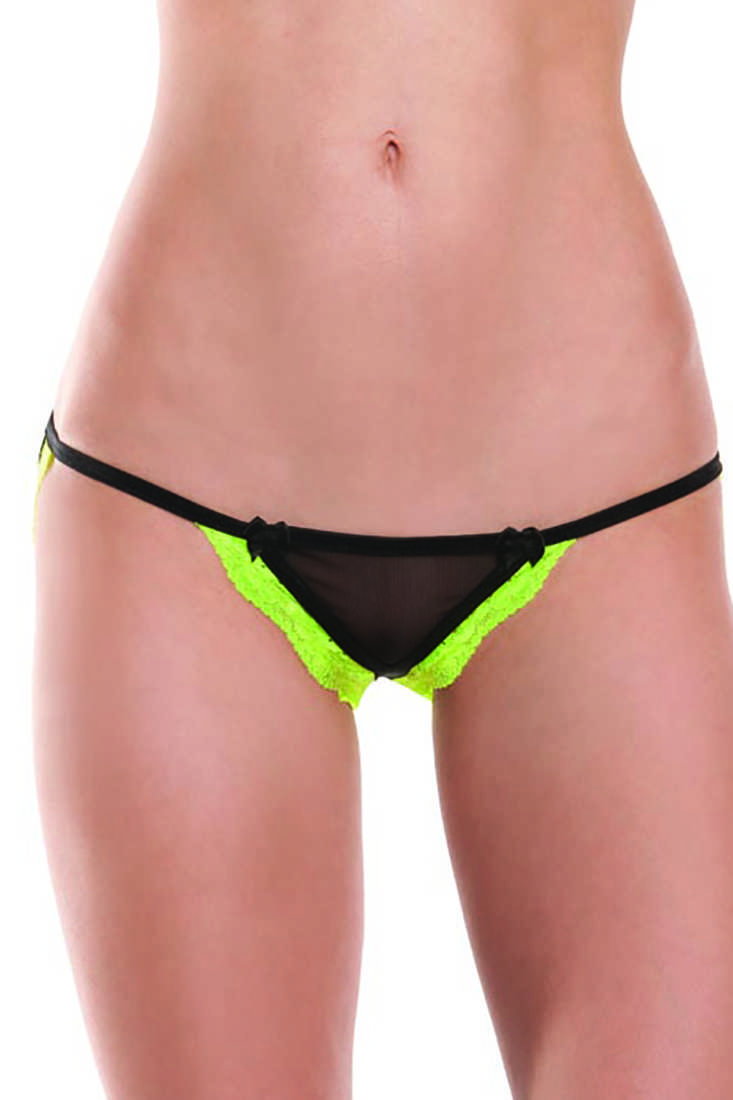 Black Green Bow Detail Lace Trim Crotchless Jock String