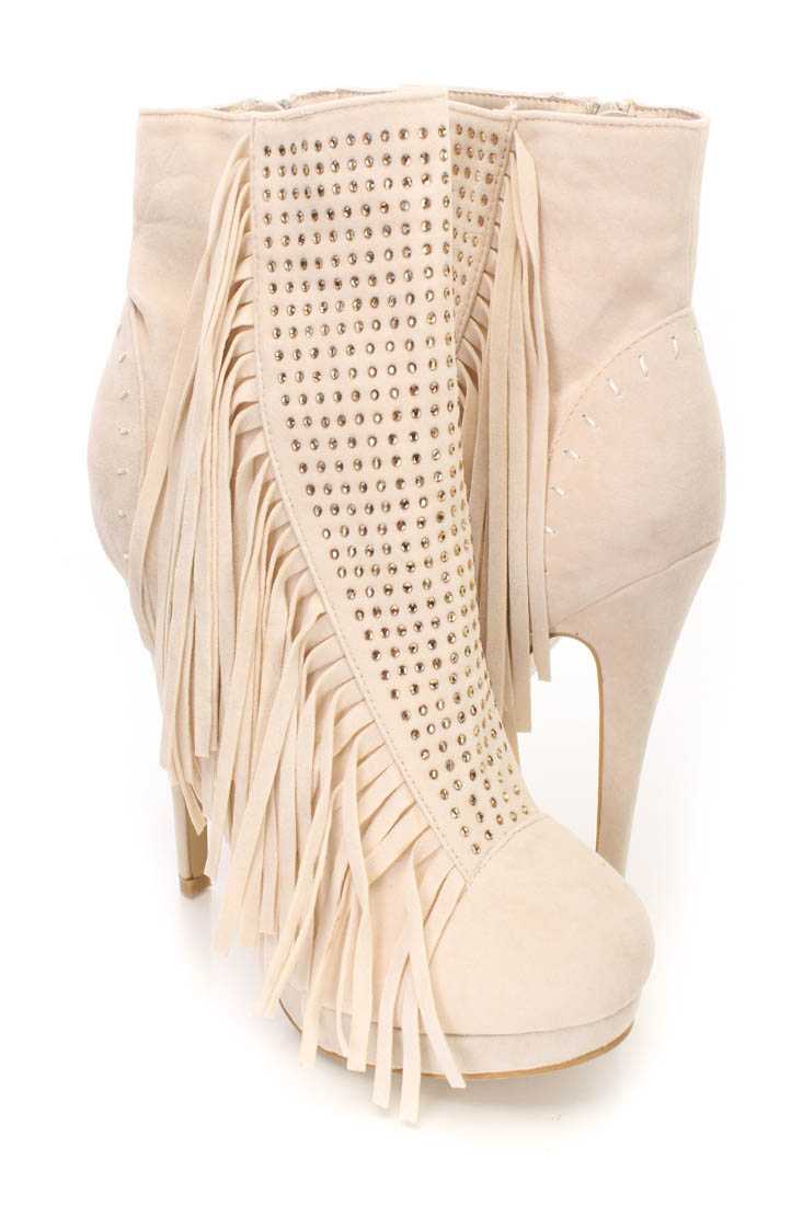 Beige Rhinestone Fringe Ankle Booties Faux Suede