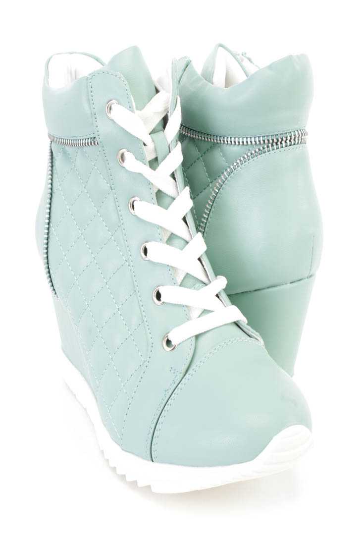 Light Mint Quilted Lace Up Sneaker Wedges Faux Leather