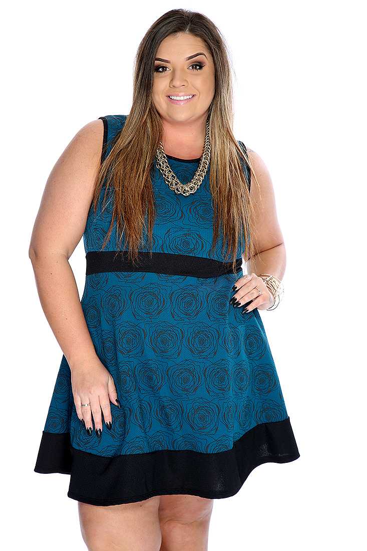 Teal Sleeveless Floral Plus Size Party Dress