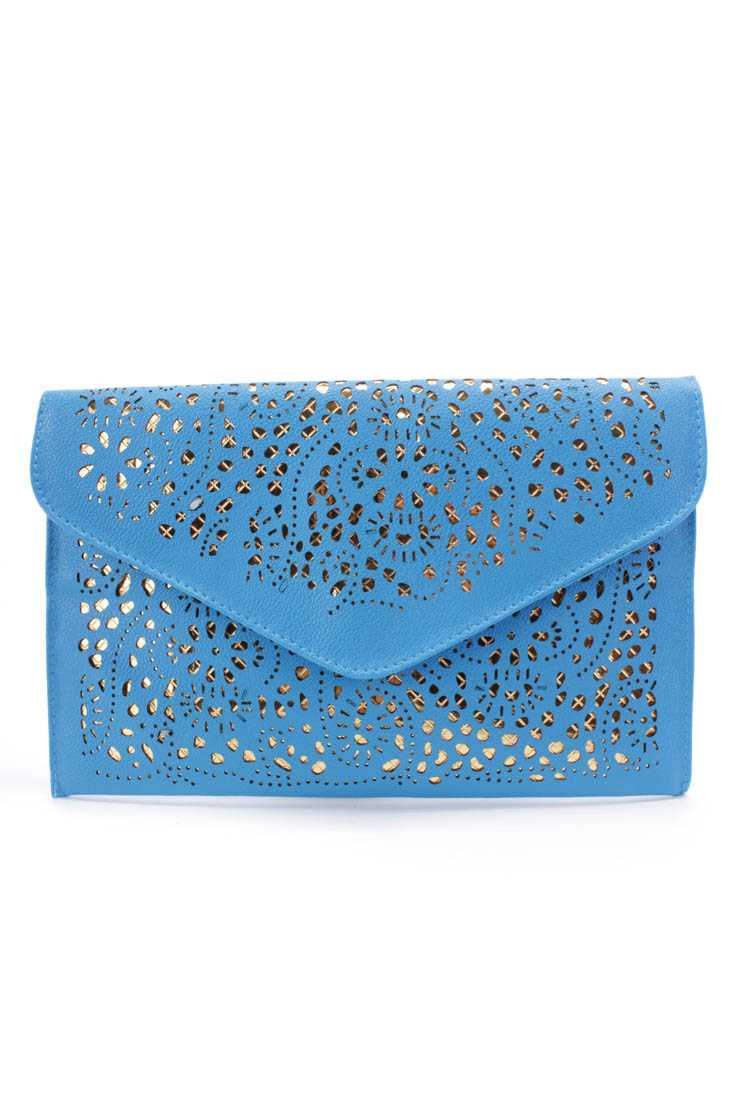 Bahama Blue Perforated Two Tone Envelope Faux Leather Mini Handbag