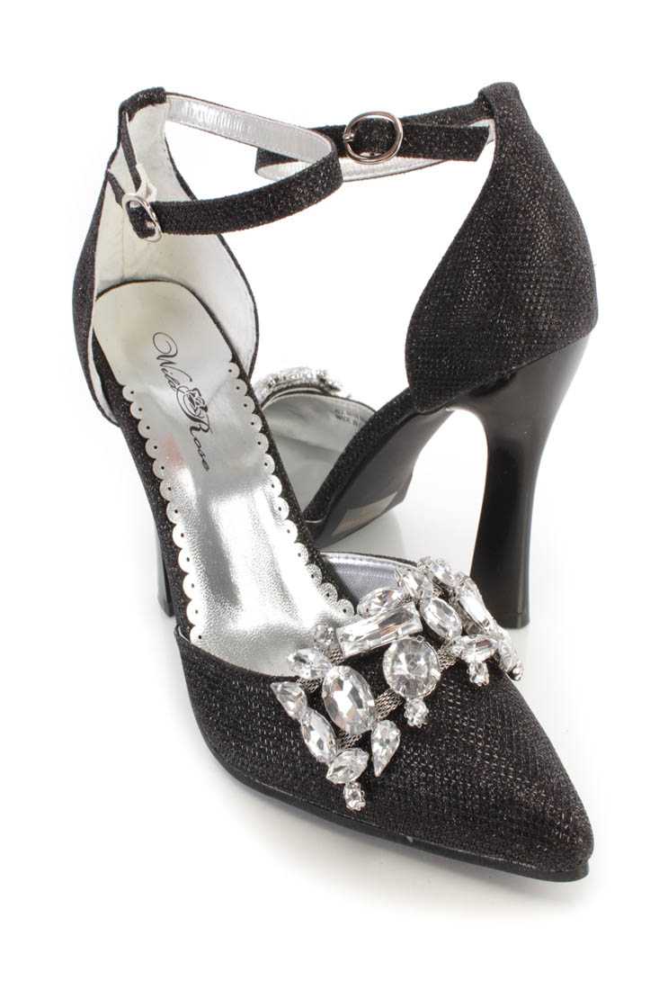 Black Gemstone Ankle Strap Single Sole Heels Glitter