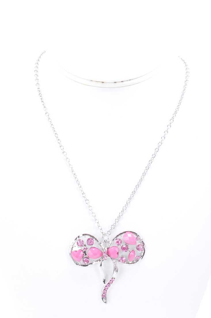 Pink Gemstone Rhinestone Bow Pendant Necklace