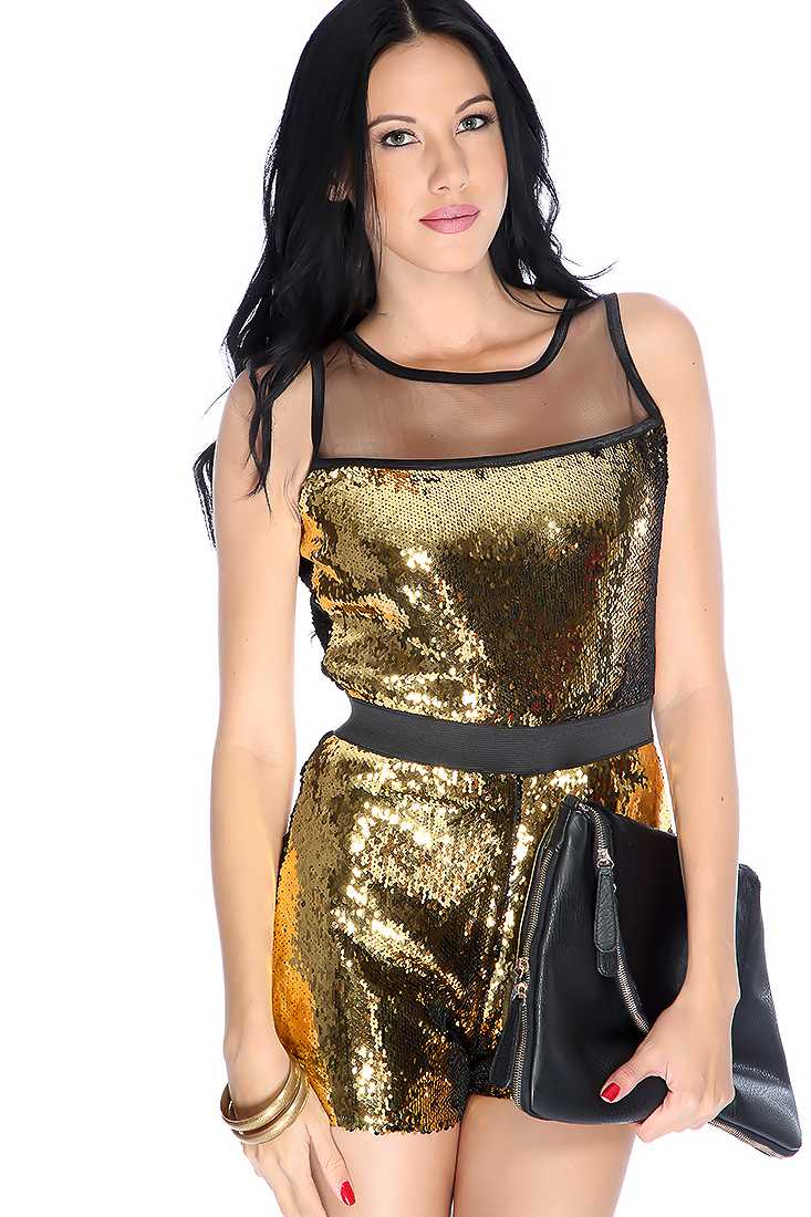 Sexy Gold Sequin Design Mesh Detailing Cut out Romper
