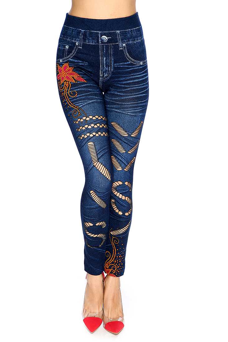 Casual Cute Navy Orange Razor Slits High Waist Jeggings