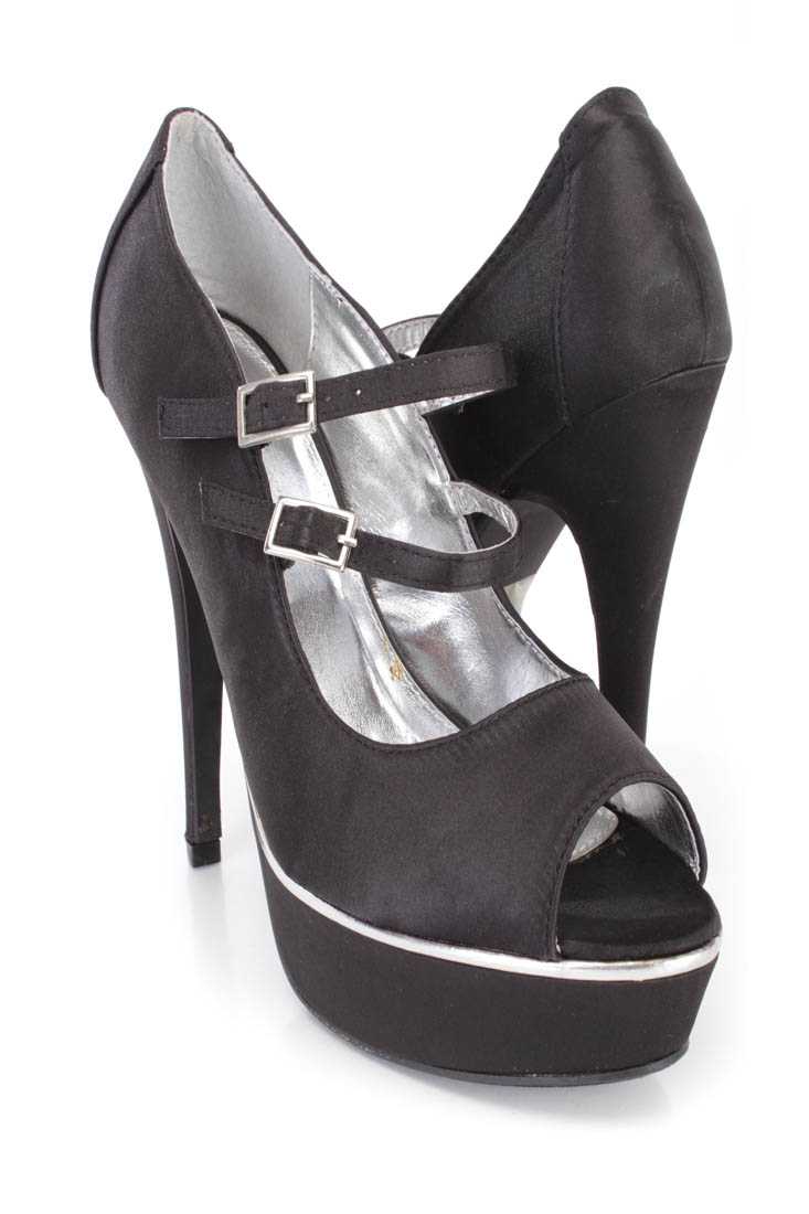 Black Maryjane Peep Toe Platform High Heels Satin