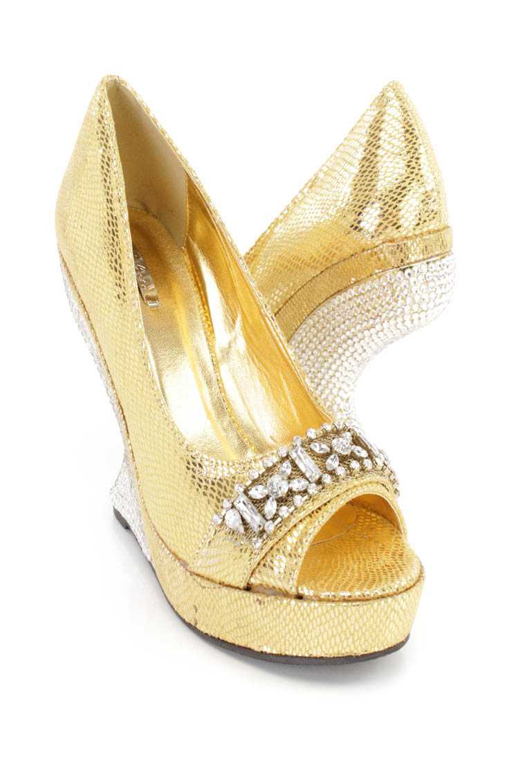 Gold Gemstone Rhinestone Curved Wedges Faux Leather