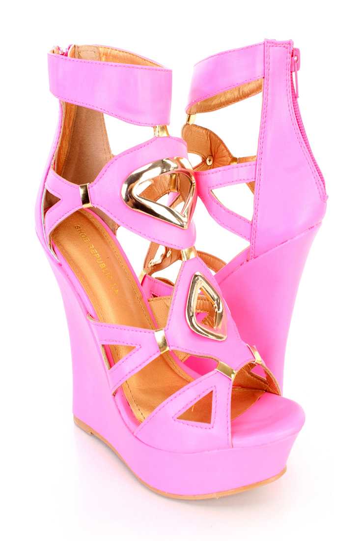 Fuchsia High Polish Cut Out Platform Wedges Faux Leather