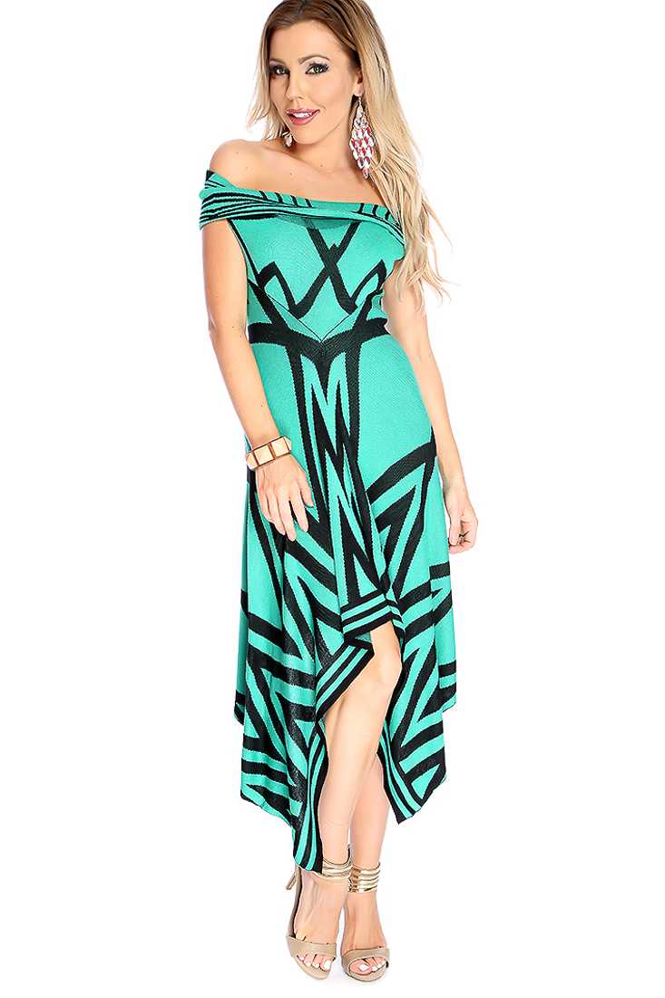 Sexy Jade Black Tribal Print Off Shoulders Party Dress