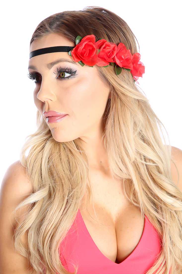 Red Floral Elastic Headband