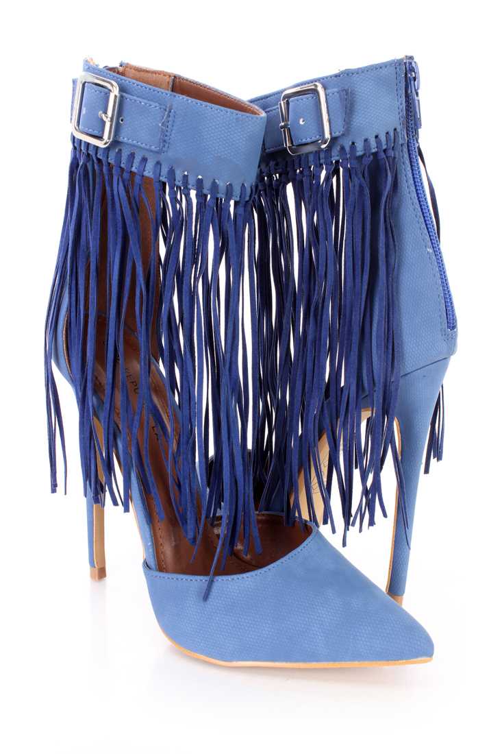 Blue Fringe Ankle Strap Single Sole Heels Faux Leather