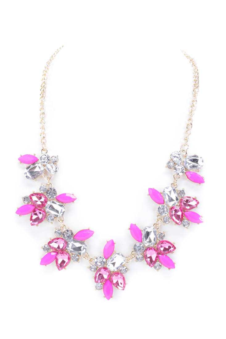 Fuchsia Faceted Beaded High Polish Metal Necklace