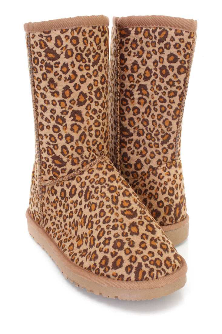 Leopard Slip On Casual Comfy Boots Faux Suede