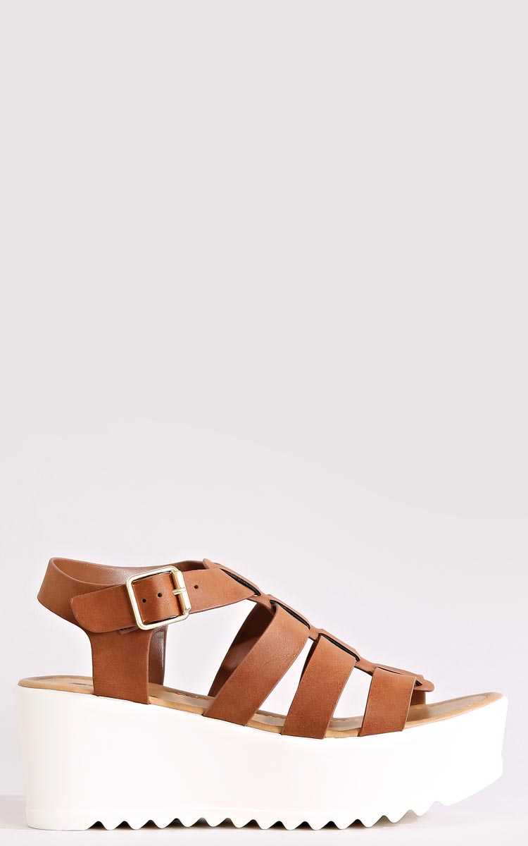Piper Faux Leather Strappy Flatforms - Cognac in Size by Styles For Less