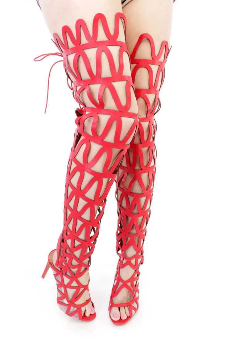 Red Cut Out Design Gladiator High Heels Faux Leather