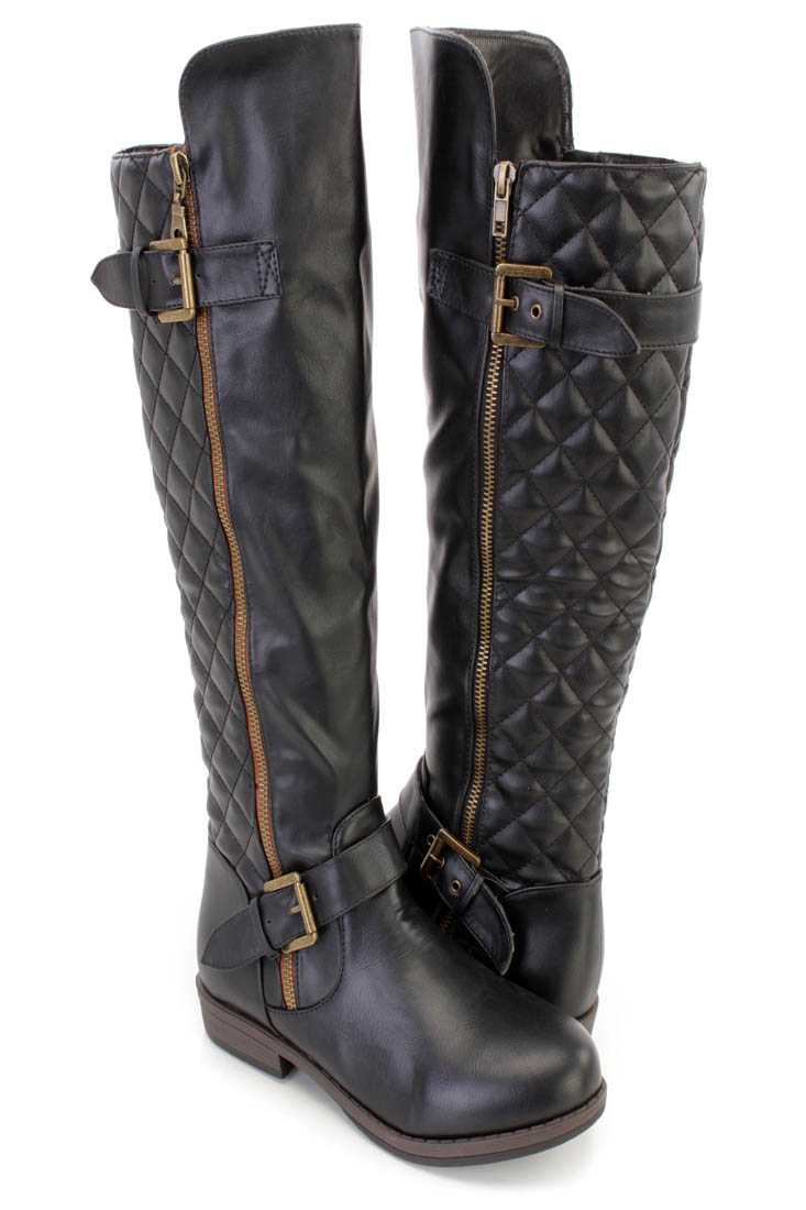 Black Stitched Quilted Knee High Riding Boots Faux Leather