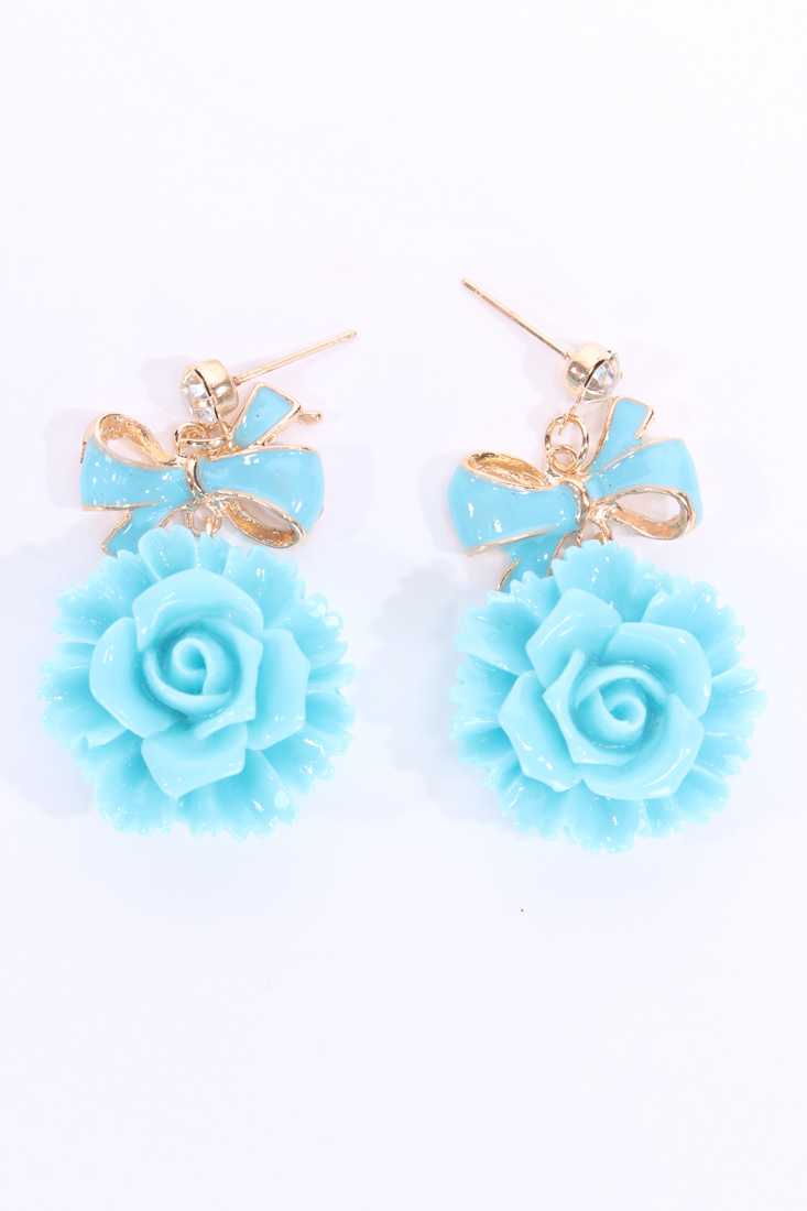 Sky Blue Lacquer Finished Floral Dangle Earrings