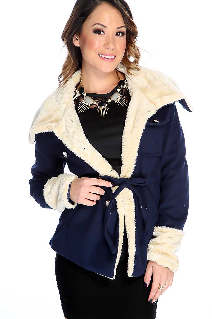 Navy Long Sleeve Plus Trim Causal Fall Coat