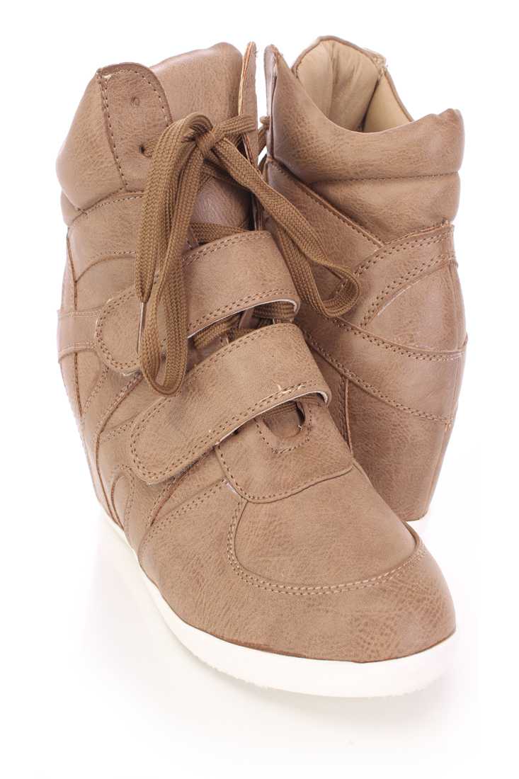 Brown Lace Up Strappy Sneaker Wedges Faux Leather