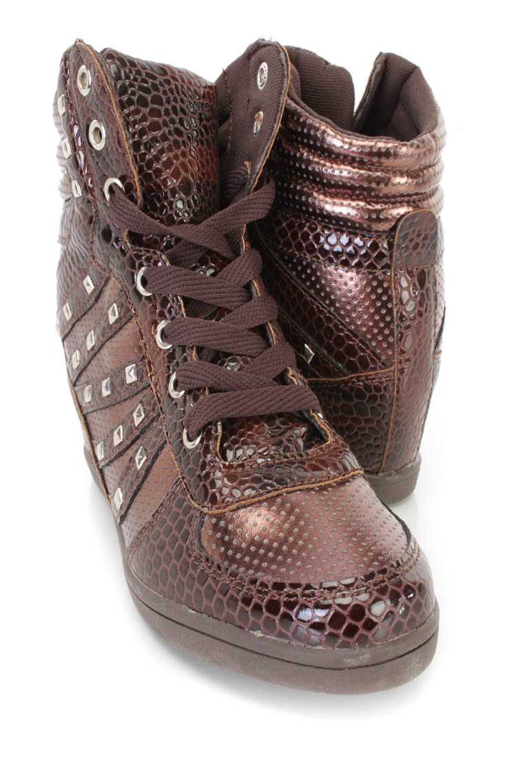 Brown Lace Up Studded Sneaker Wedges Faux Leather