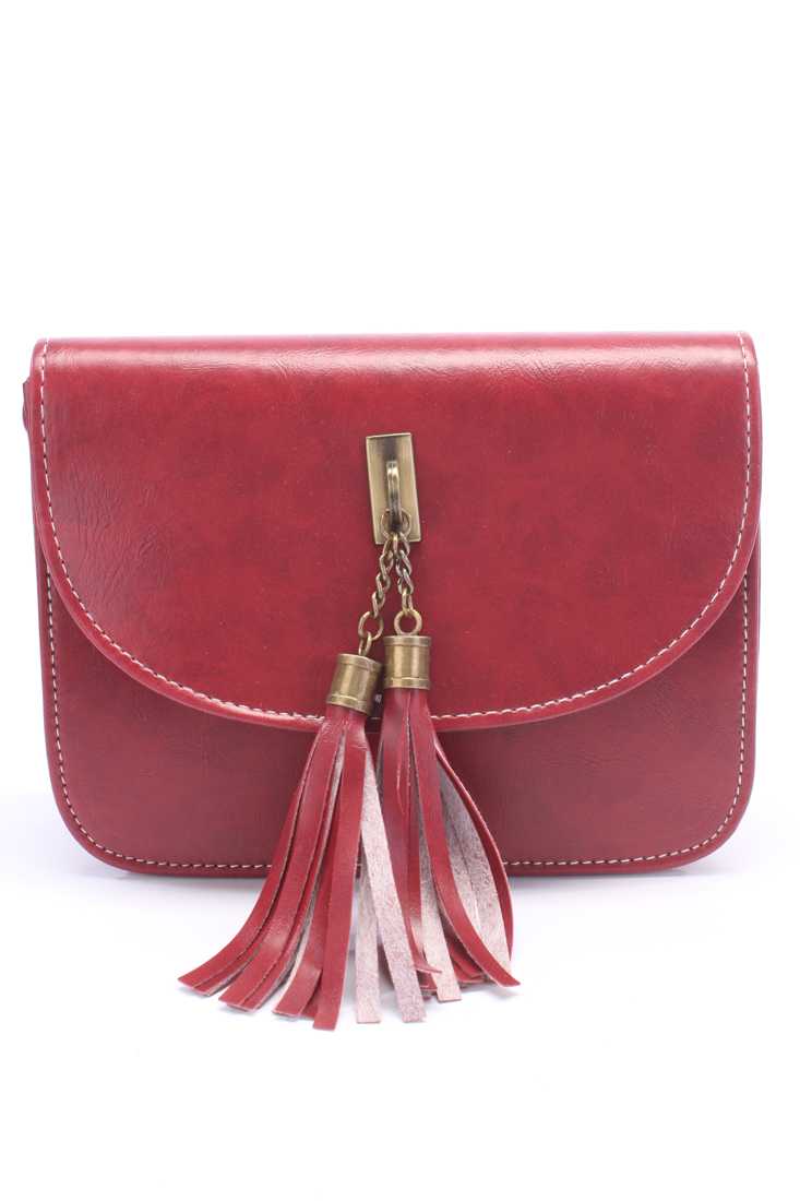 Wine Adjustable Shoulder Strap Tassel Accent Antique Metal Detailing Cute Faux Leather Handbag