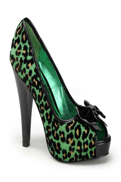 Green Cheetah Glitter Bow Tie Peep Toe High Heels