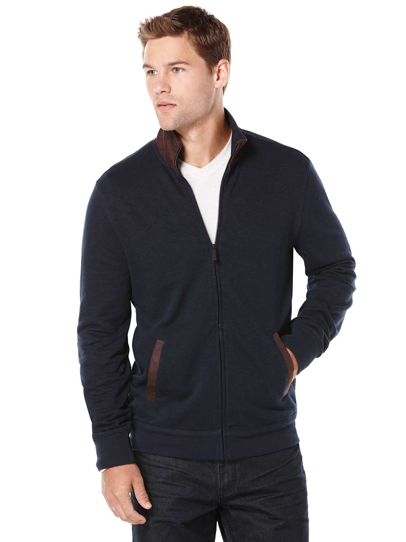 Perry Ellis Faux Suede Full Zip Sweater