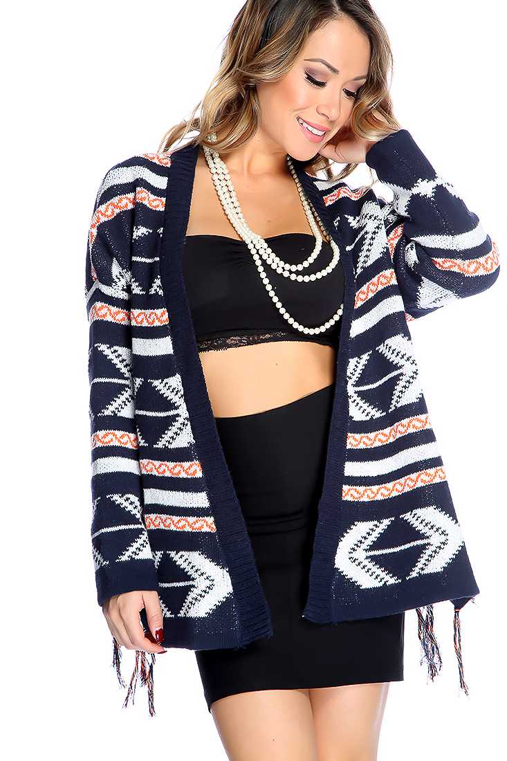 Navy Sweater Tribal Knitted Fringe Open Front Sweater