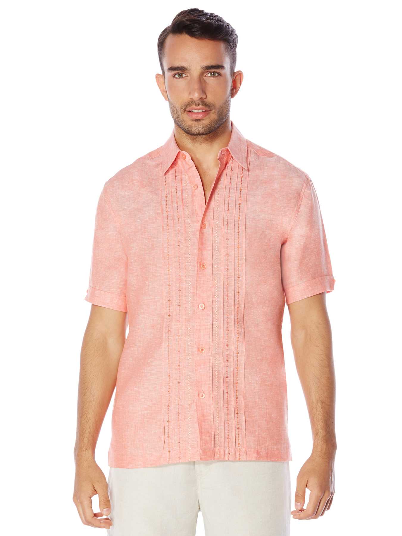 Cubavera 100% Linen Short Sleeve Ombre Geo Embroidered Shirt