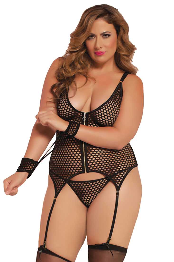 Black Sexy Gartered Cami Thong Intimates Set Plus Size