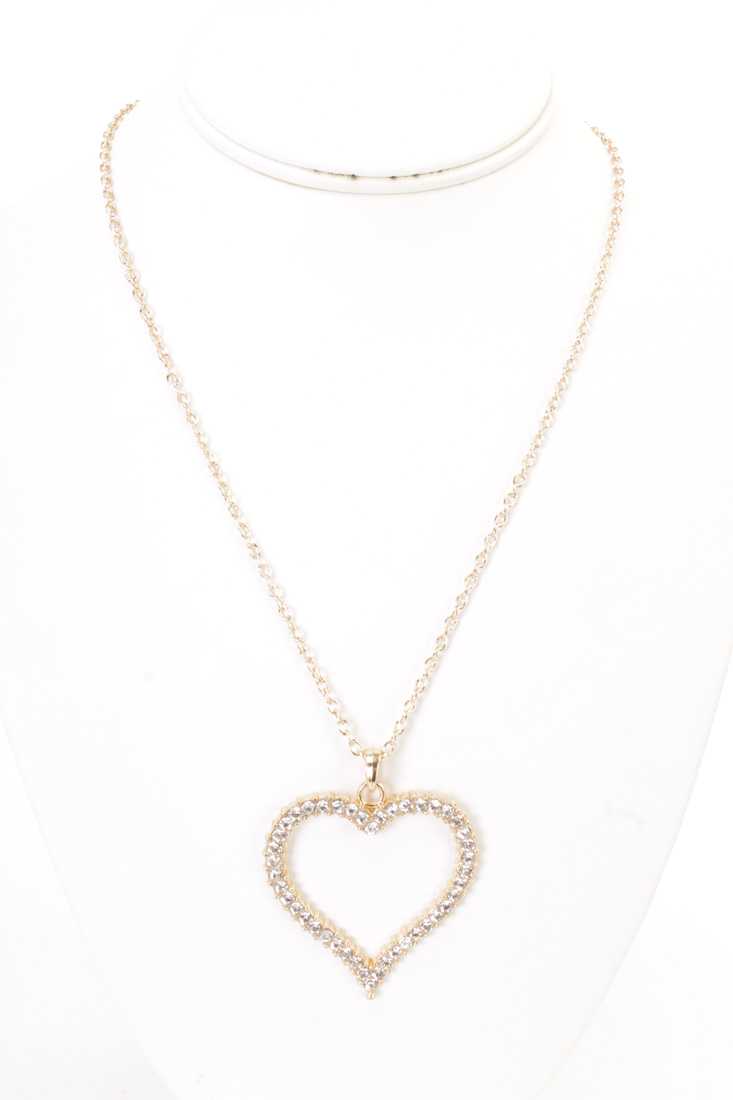 Gold High Polish Rhinestone Heart Pendant Necklace