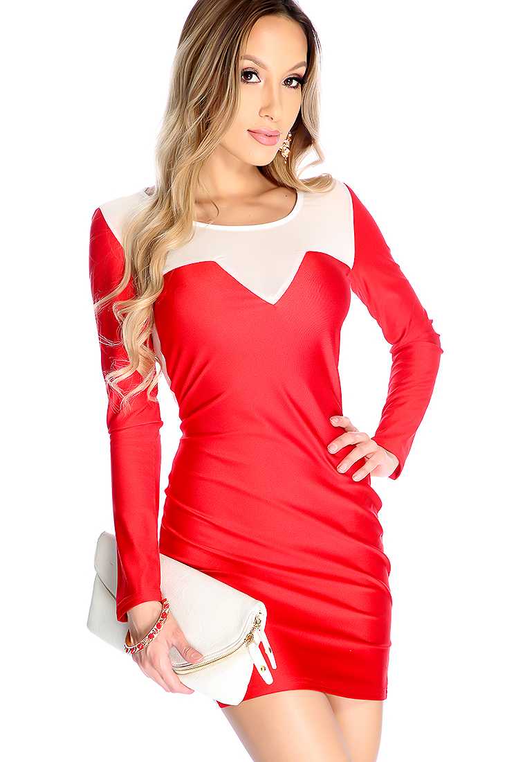 Sexy Red Long Sleeve Mesh Cut Out Bodycon Party Dress
