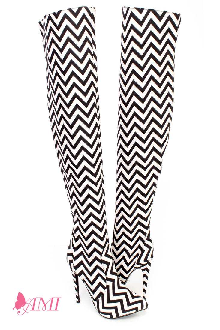 Black White Chevron Print Single Sole Thigh High Heel Boots Fabric
