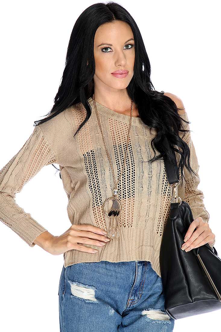 Taupe Cable Open Knitted Long Sleeve Sweater Top